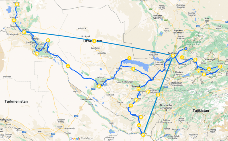 carte circuit Coupoles, désert et villages de montagne Ouzbékistan