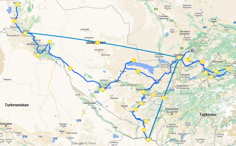 carte circuit Coupoles, désert et villages de montagne Ouzbékistan